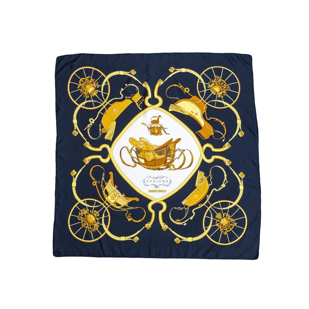 Hermès Springs Silk Scarf Black Gold Equestrian Carré 90 Vintage France